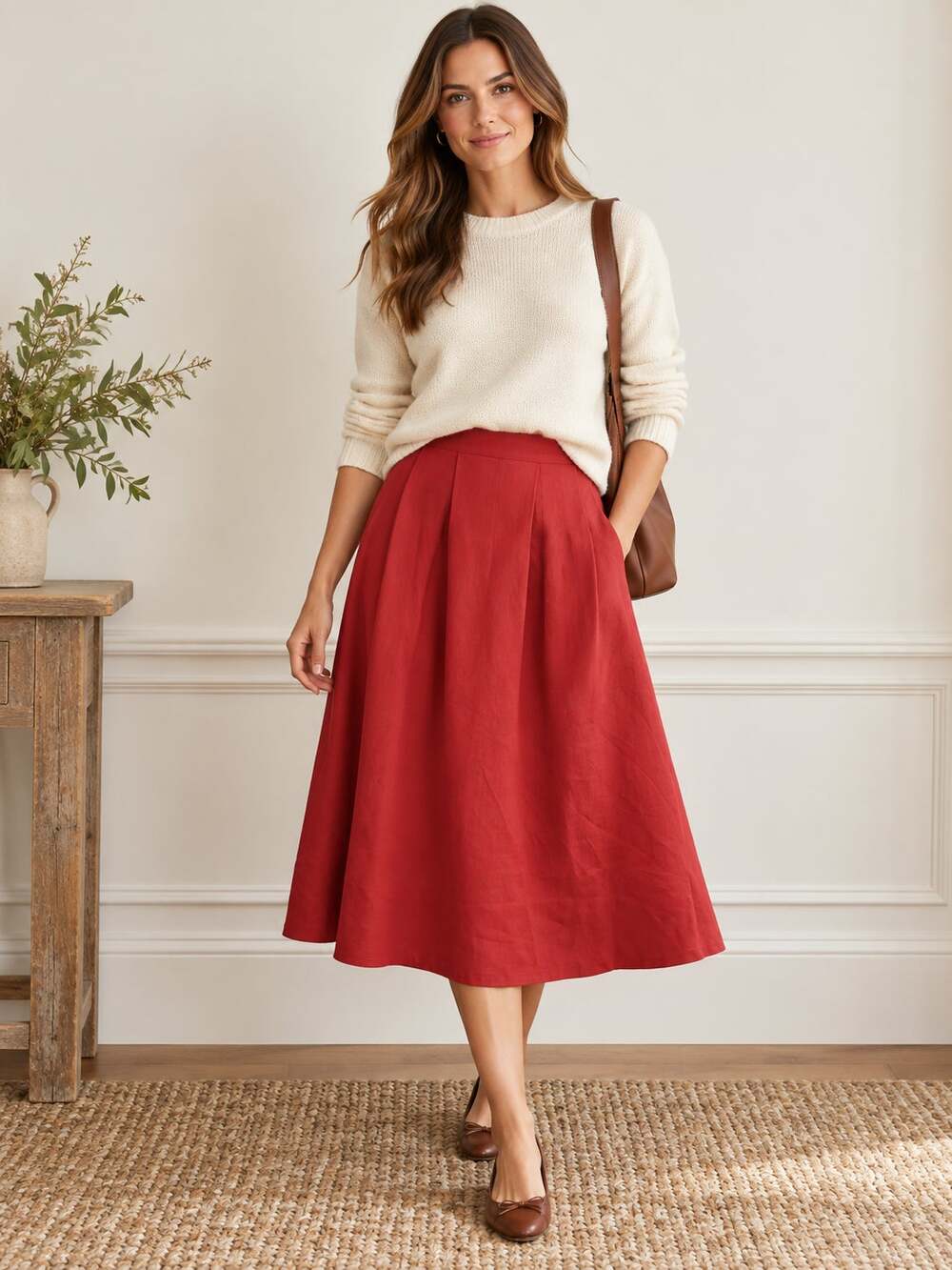 Reformation Women's Size 8 100% Linen Pleated Midi Skirt Red Made in USA
